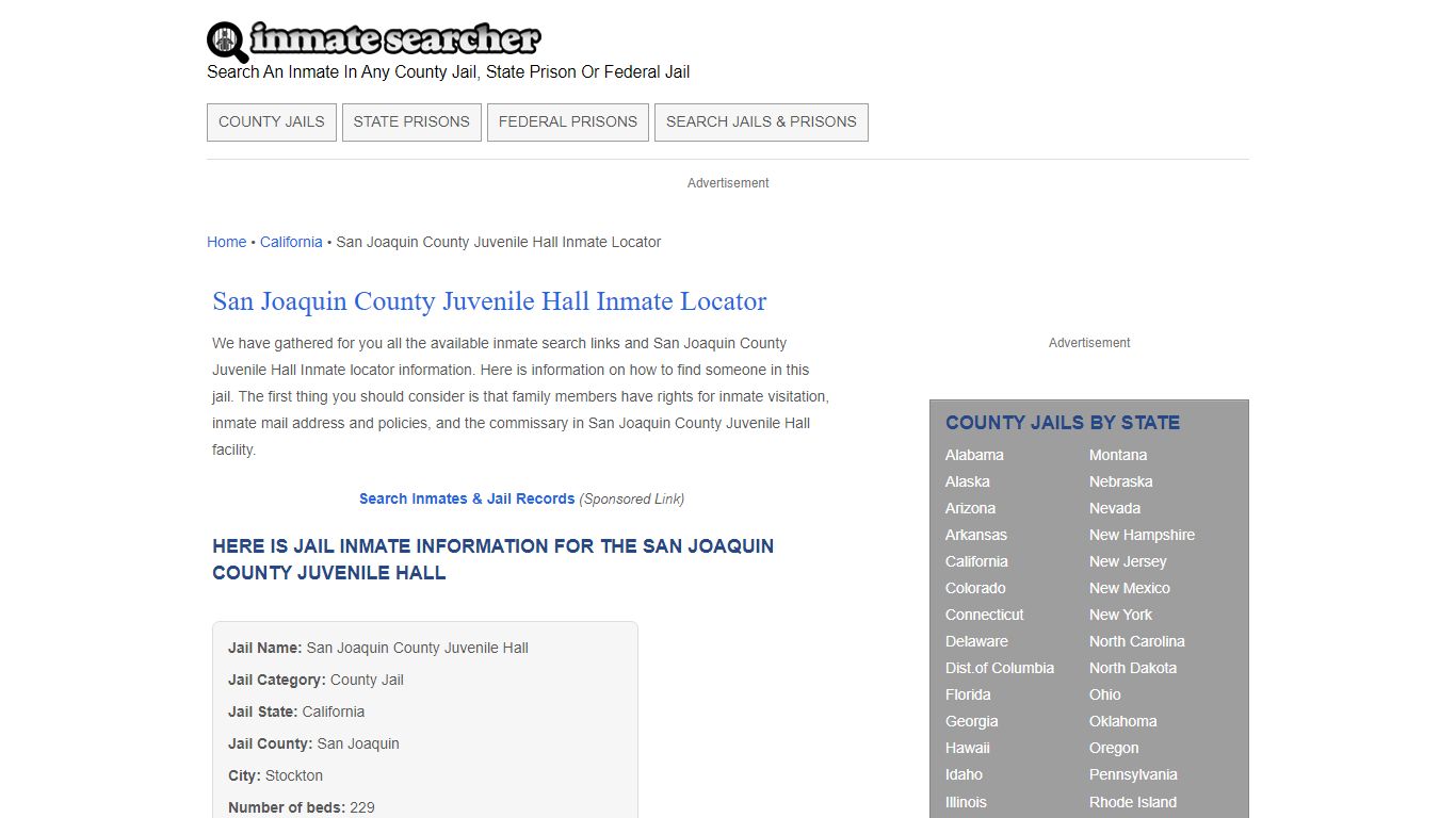 San Joaquin County Juvenile Hall Inmate Locator - Inmate Searcher
