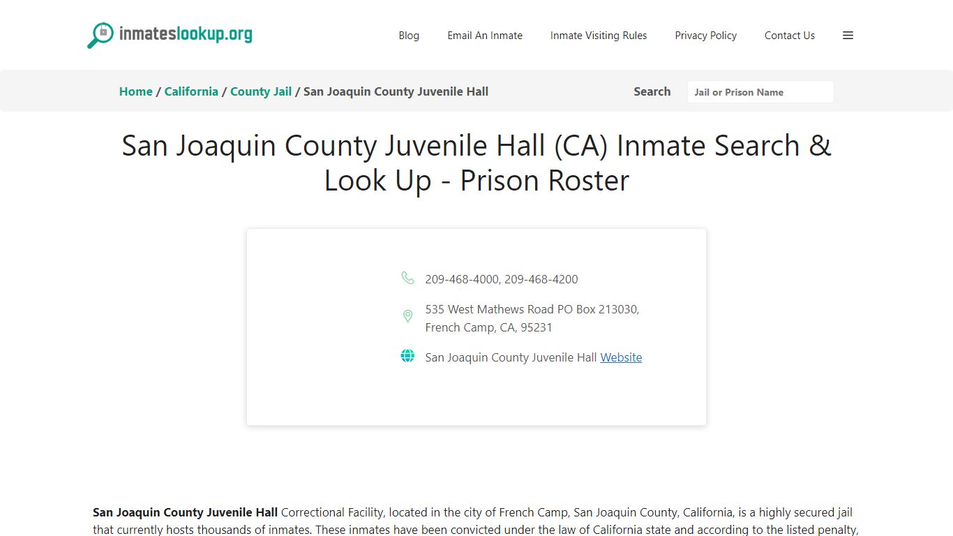 San Joaquin County Juvenile Hall (CA) Inmate Search & Look Up - Prison ...